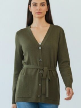 NWT Splendid V-Neck Belted Olive Green Button Front Cardigan Size L